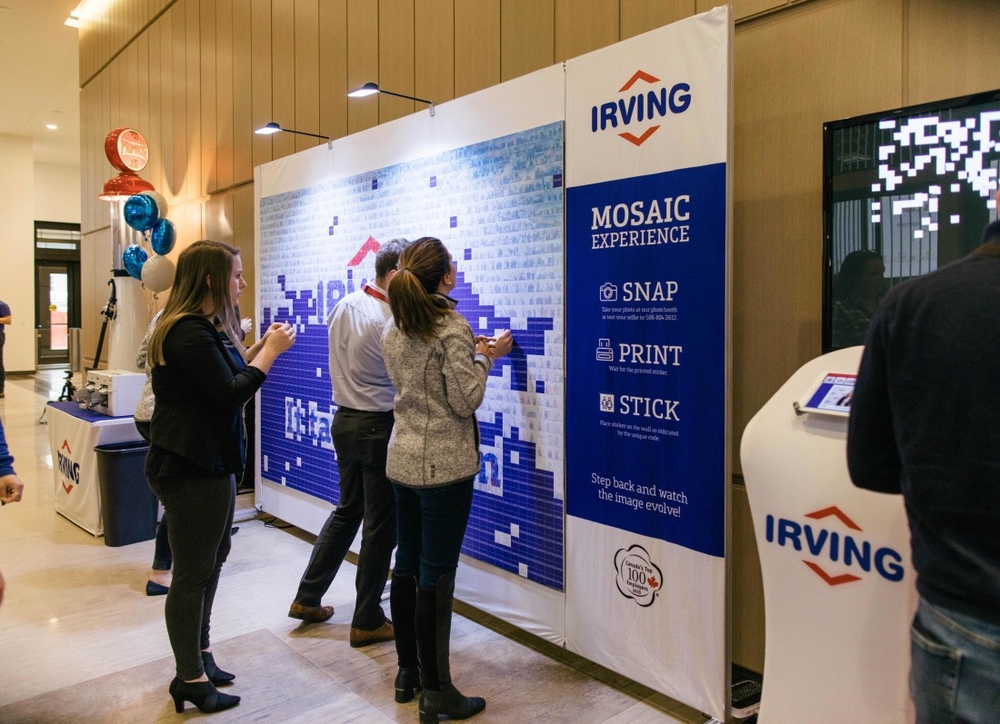 Irving-branded mosaic wall activation with guests contributing photos